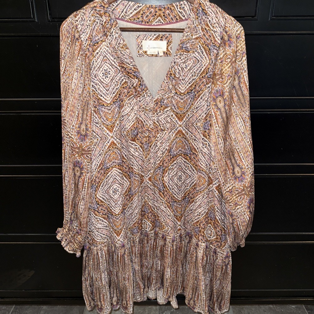 Anthropologie Sabia Flounced Tunic Dress Small Brown Multi V Neck Pockets Lined - Picture 10 of 16